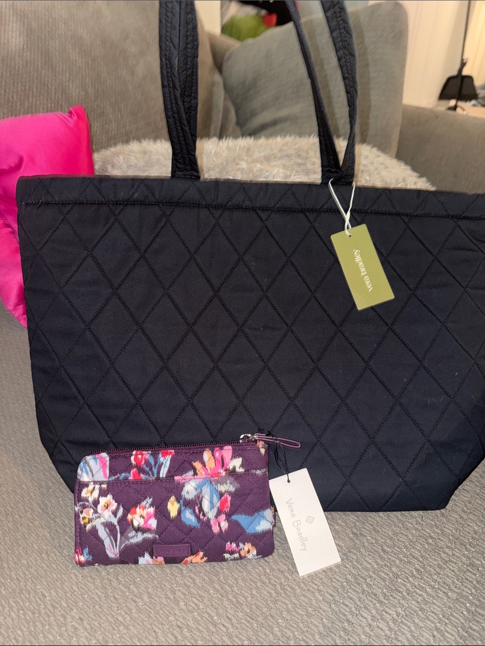 Vera Bradley Black Quilted Tote with Purple Floral Wristlet